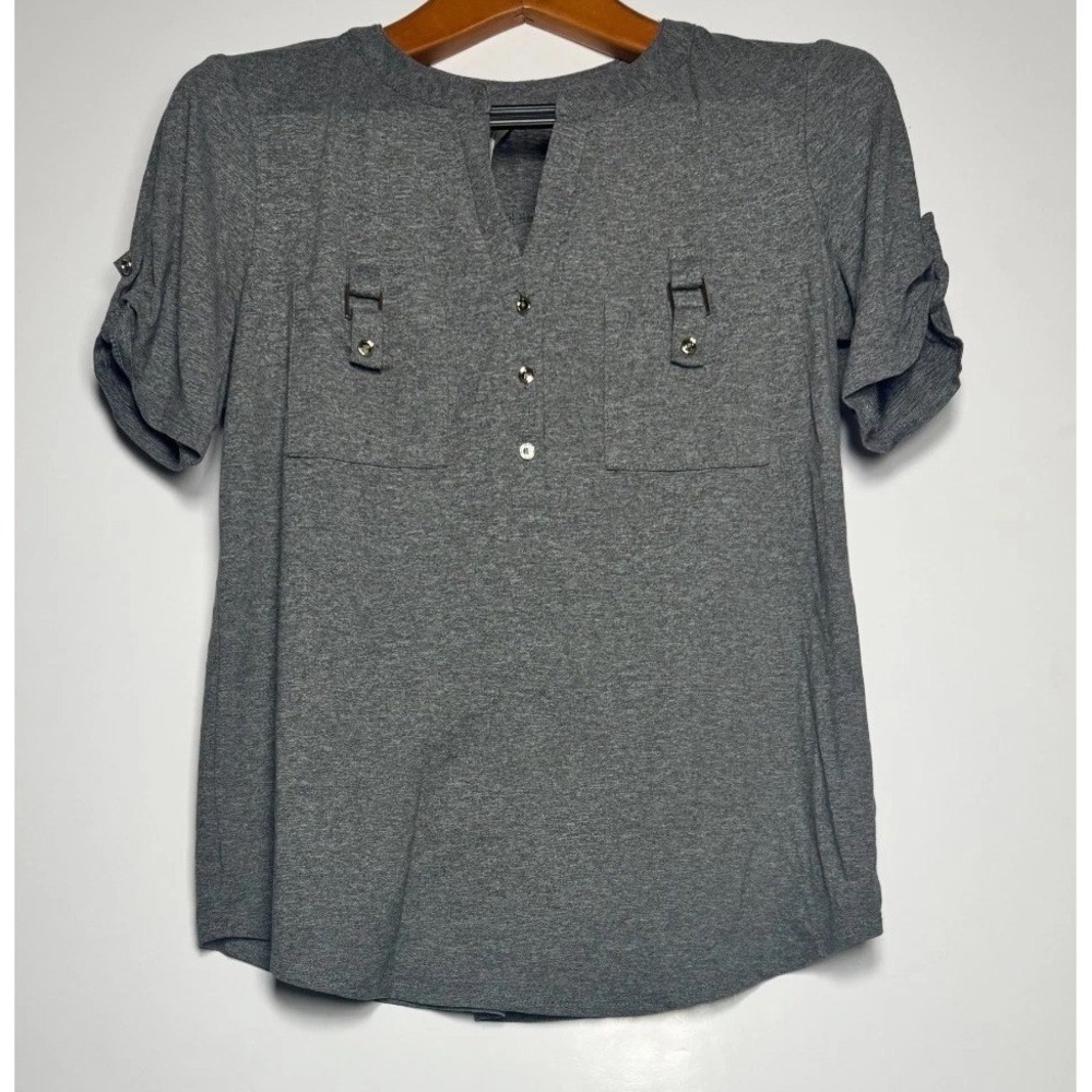 PerSeption Concept Blouse Top Womens Small Heather Gray Roll Tab Sleeves V Neck